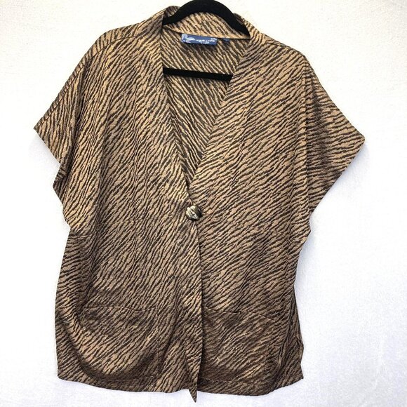 Susan Graver Sweaters - Susan Graver Style Tiger Print Cardigan Womens 1X Brown Dolman Top Short Sleeve